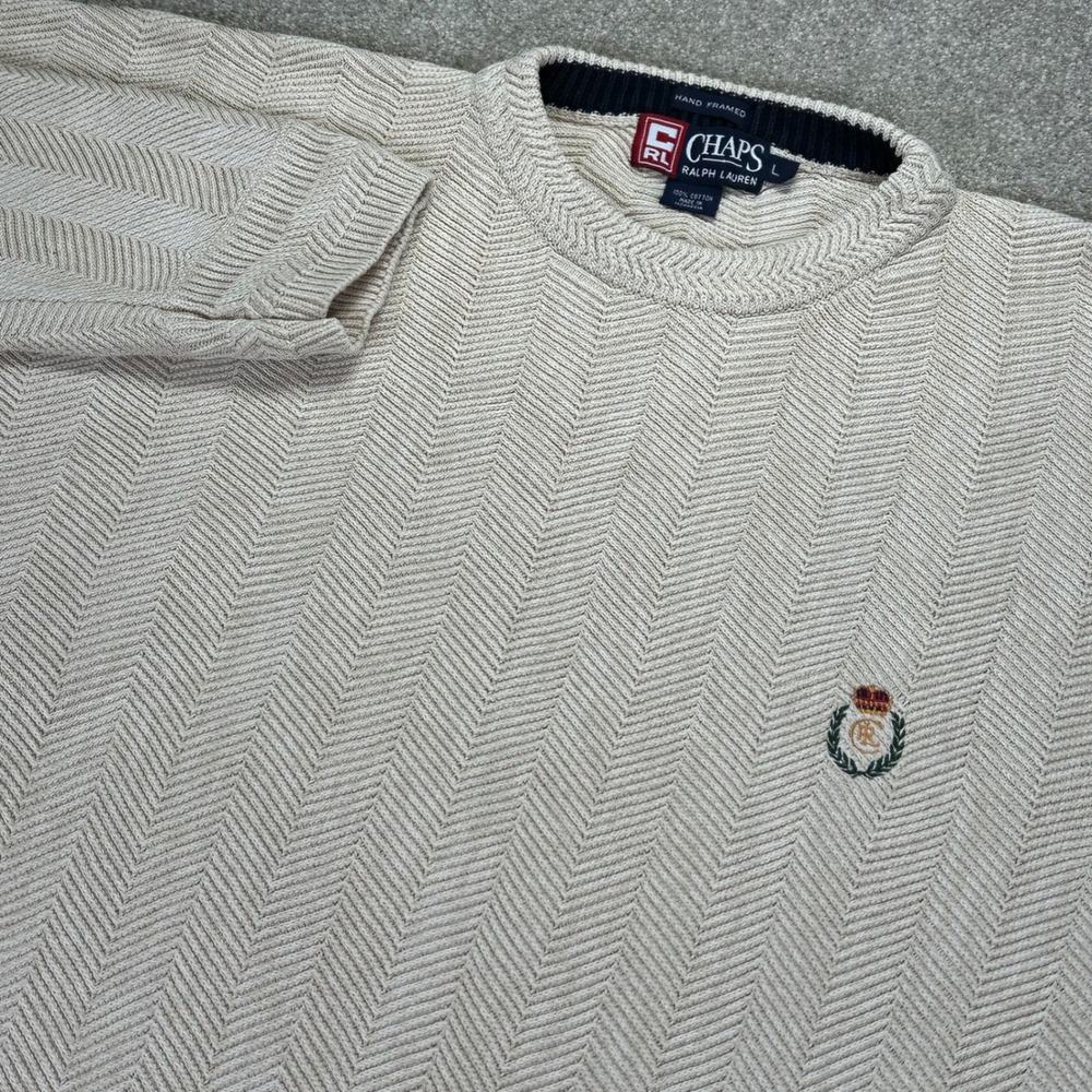 Chaps Ralph Lauren Mens Large Sweater Beige Herringbone Crest Logo 36050 Vintage